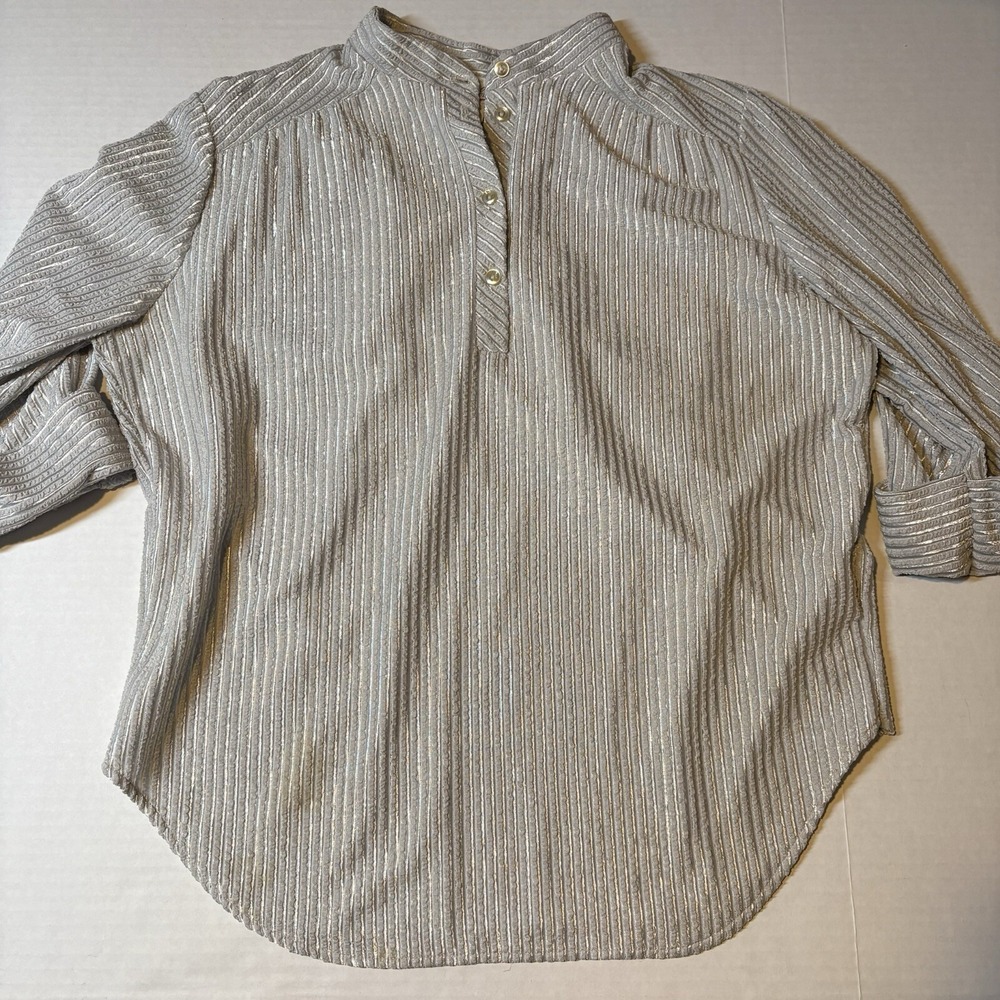 Lind Clare Gray Silver Texture Stripe Popover Blouse L Vtg A3739